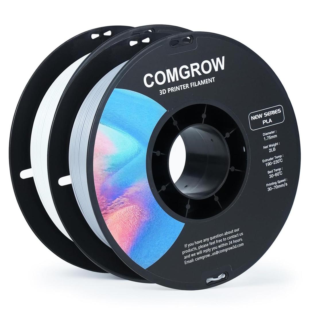 Comgrow PLA 3D Printer Filament, Durable and Stronger 3D Printer PLA Filament 1.75mm, Dimensional Accuracy +/- 0.02 mm, 2LBS Spool PLA Grey and White