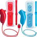 2 Packs Wii Controller and Nunchuck for Wii and Wii U Console, Gamepad with Silicone Case and Wrist Strap (Red and Blue)