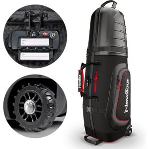 Golf Travel Bag for Airlines: Hard Case Top, Waterproof Zippers, 1680D Oxford Fabric, Built-in TSA Lock, Oversized Tank Wheels, Lightweight, Easy to Maneuver  Maximum Club Protection (Black Crimson)