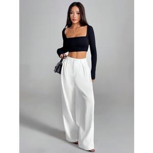 Women's Elegant High Waist Wide Leg Trousers, Loose Fit Dress Pants for Office and Casual Wear (White, L)