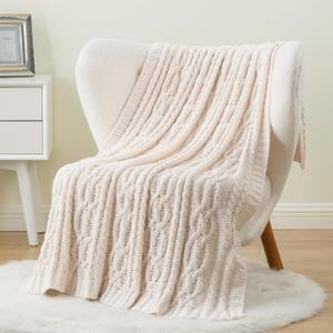 Battilo Cream White Ivory Throw Blanket for Couch, 51x 67 Inch, Woven Chenille Knit Throw Blanket for Chair, Super Soft Warm Decorative Textured Throw Blanket for Bed, Sofa and Living Room.