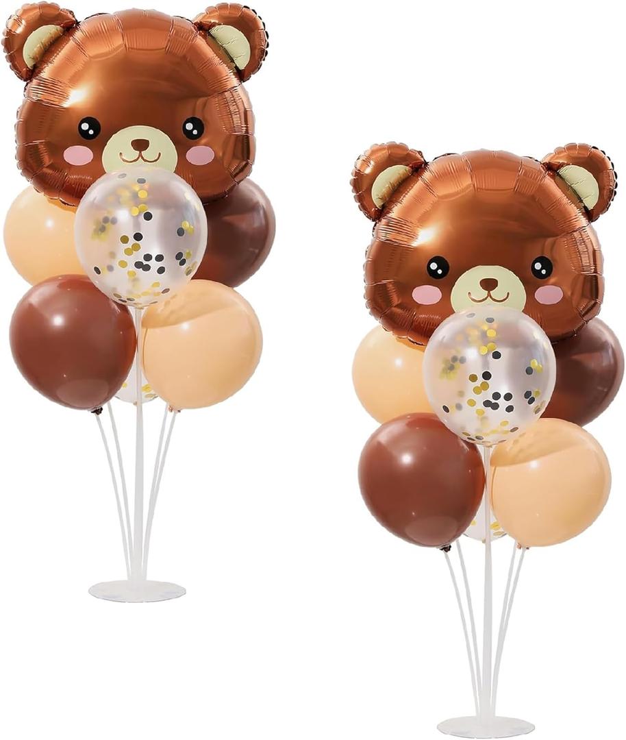 Teddy Bear Table Centerpiece Balloon Stand Kit Set of 2, Teddy Bear Head Foil Balloons with Brown Beige Balloons for Birthday Party Baby Shower Decorations