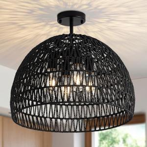 Rattan Ceiling Light Fixture, 4-Light Boho Semi Flush Mount Ceiling Light, 20" Wicker Light Fixture with Handmade Woven Cage Lampshade, Rattan Chandelier for Bedroom Hallway Nursery Kitchen Farmhouse (Black)