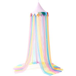 LOAOL Bed Canopy for Kids - Fairy Dream Canopy Bed Curtains with Rainbow Color Hanging Net, Pink Round Dome with Colorful Flag for Reading Nook & Bedroom Decor, Toddler Crib Canopy