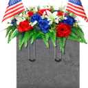 Memorial Day Decorations for Cemetery, Red White Blue Artificial Grave Headstone Flower Saddle with American Flags for Patriotic 250th Anniversary 4th of July Tombstone Outdoor Decor