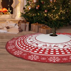 Christmas Tree Skirt, Red Tree Skirts 48 Inch with Snowflake Reindeer Rustic Farmhouse Xmas Tree Skirt Christmas Decorations for Holiday Party Decor