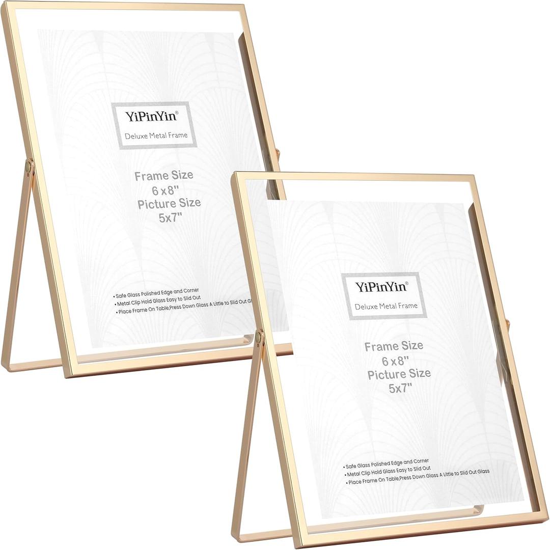 YiPinYin Gold 6x8''Floating Frame Set of 2,For Photo Sizes (3.5x5''4x6''5x7''),Metal Frames for Tabletop/Shelf Display,Classy Gift Choice for Wedding,Birthady,Home or Office Decor