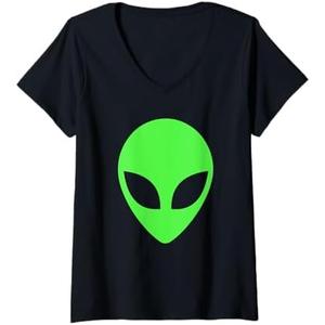 Womens Green Alien Head 90's Style Funny Alien V-Neck T-Shirt XL