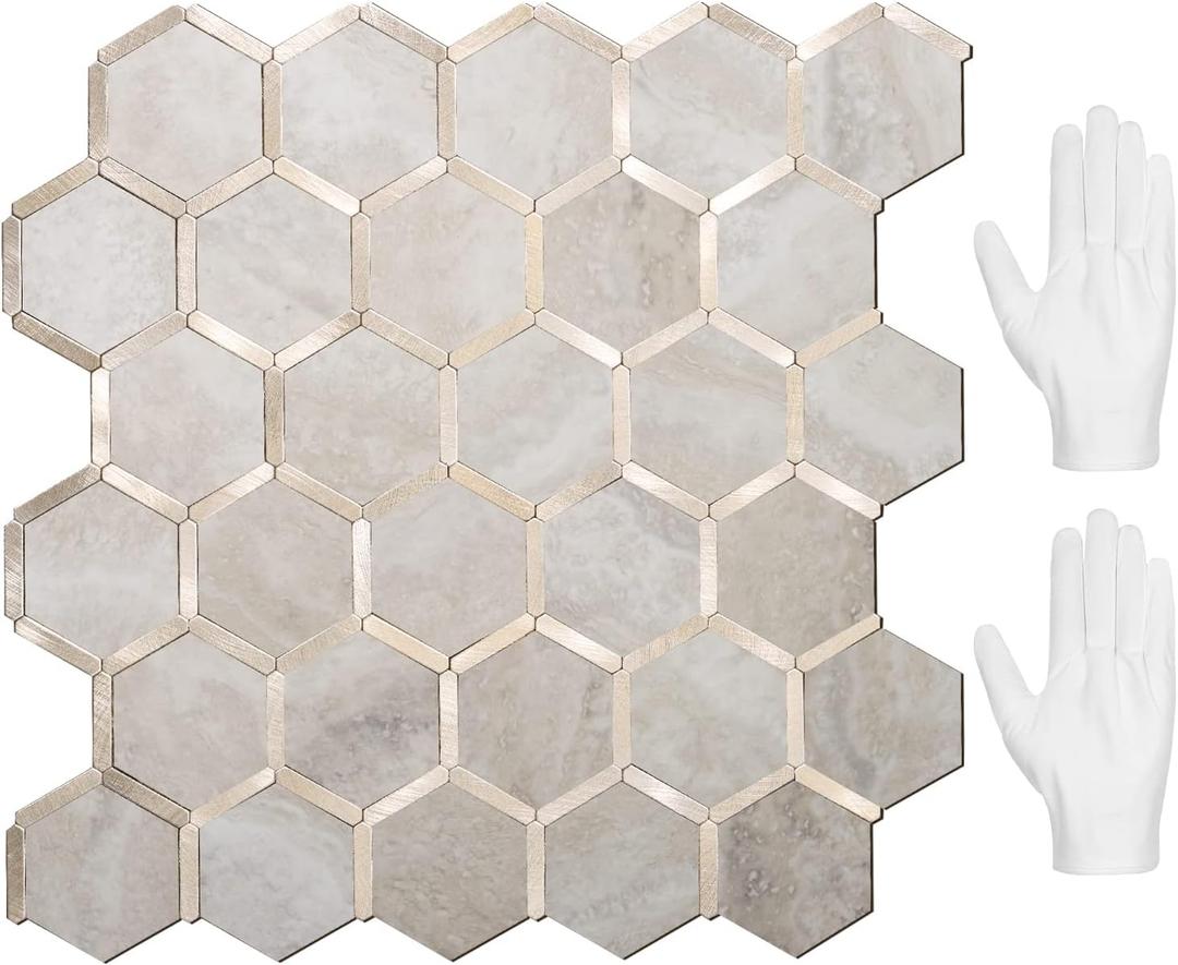 STICKGOO Hexagon Peel and Stick Backsplash Tile, Stick on Backsplash for Kitchen and Bathroom, Beige Marble Look PVC Mixed Metal Gold Self Adhesive Wall Tiles(10 Sheets, Seamless)