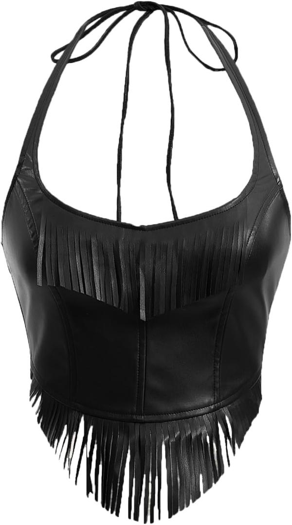 SHENHE Women's Faux Leather Fringe Top Backless Sexy Halter Corset Top Club Night Crop Tops, S