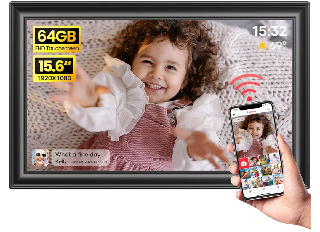 64GB 15.6" Frameo Digital Picture Frame WiFi, Large Electronic Photo Frames 1920 x 1080 IPS FHD Touch Screen, Send Photos from Your Phone from Anywhere, Best Gifts for Parents and Grandparents