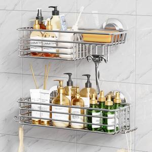 TAILI Shower Caddy Suction Cup 2 Pack with Hooks and Soap Holder, Heavy Duty Shower Organizer for Bathroom, No Drilling Silver bathroom suction shelves