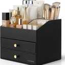 VLANDO Makeup Organizer for Vanity,Large Capacity Countertop Organizer with Drawers, PU Leather Cosmetic Display Case for Lipstick,Brushes,Skincare,Bedroom Storage (Black) (3 Layer)