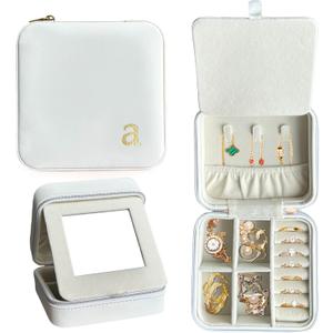 COLLECTIVE HOME - Travel Jewelry Case, Elegant Square Design with Gold Engraved Monogram, Built-in Mirror, Personalized Accessory Organizer for Rings, Necklaces, Gift for Women and Teens (a)