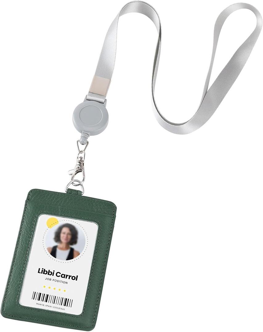 Genuine Leather id Badge Holder with Lanyard,Soft,ID Card Holder,Up to 20 Colors and Grains to Choose,frommultiple Card Slots,Vertical Work Name Badge case (198)