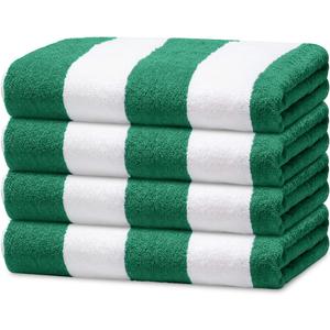 Avalon Towels Cabana Beach Towels 4 Pack (Size 30x60) Inches Oversized, 100% Ring Spun Cotton, Highly Absorbent Large Pool Towels, Super Soft and Quick Drying, Perfect for Gifts (Green Stripe)