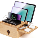 Bamboo Charging Station for Multiple Devices, Nightstand Docking Station with Small Tray, Desktop Wood Charger Organizer, Compatible with Cell Phone, Tablet, Earphones (No Cables)