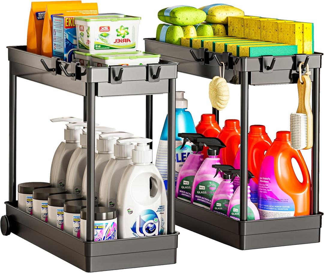 Pack of 2 Under Sink Organizer, 2 Tier Bathroom Cabinet Organizers and Storage with Hook, Multi-purpose Storage Basket Shelf for Kitchen, Black Pack of 2 Under Sink Organizer, 2 Tier Bathroom Cabinet Organizers and Storage with Hook, Multi-purpose Storage Basket Shelf for Kitchen, Black