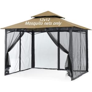 Mosquito Netting for Gazebo Canopy, Replacement Screen Walls Netting with Slip Rings, 4-Door Zipper, Easy to Install Black (Net Only) (12x12FT)
