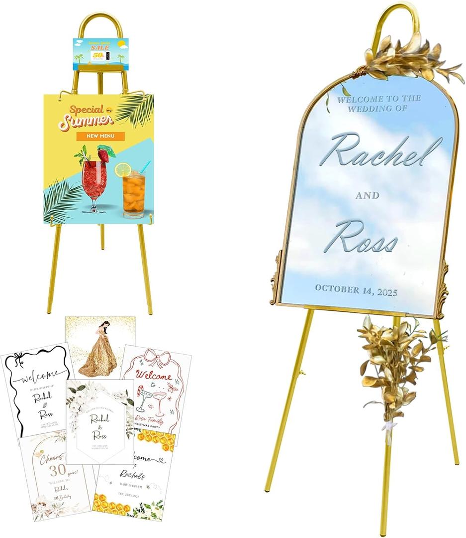 57"- 42" Height Adjustable Gold Easel Stand for Signs, Lockable at Any Height 4 Hooks, 3 Display Modes, Easel with Design Templates Ideal for Wedding Welcome Sign, Parties, Art & Retail Display