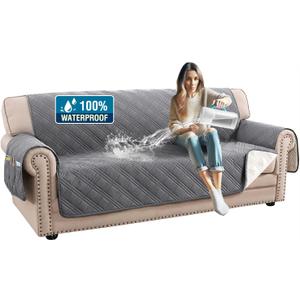 H.VERSAILTEX 100% Waterproof Couch Covers for 3 Cushion Couch Sofa Modern Sofa Slipcovers with Elastic Straps Thick Soft Furniture Protector Pet Friendly(Sofa, Grey/Beige)