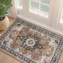 DEXI Area Rugs for Entryway 1'5"x2'6", Washable Low Pile Vintage Traditional Entry Rug Non Slip, Small Indoor Door Mat for Bedroom Kitchen Entrance Hallway, Brown