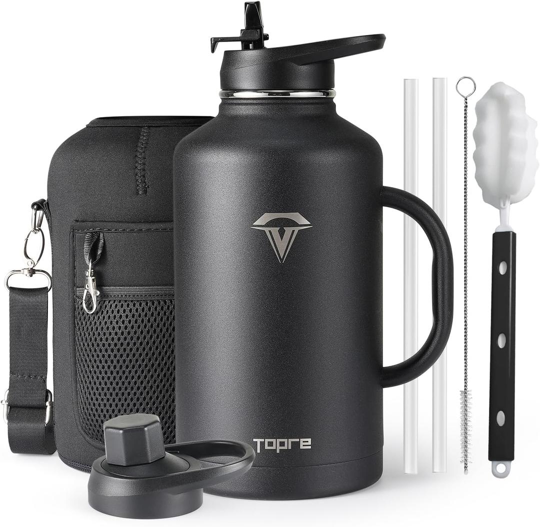 Topre Half Gallon Water Bottle with Straw and Lid, 64 oz Insulated Stainless Steel Jug with Handle,Reusable Metal Travel Flask Mug Cup With Carry Pouch and Brush,Keep Cold & Hot,Black