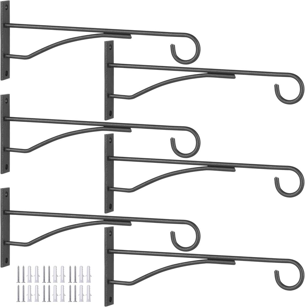 Eyrosa 8" Plant Hangers 6 Pack, Hanging Plant Bracket for Wall Fence Porch Outdoor Indoor, Metal Plant Hooks for Basket, Flower, Planter, Feeder, Lantern, Wind Chime (Black)