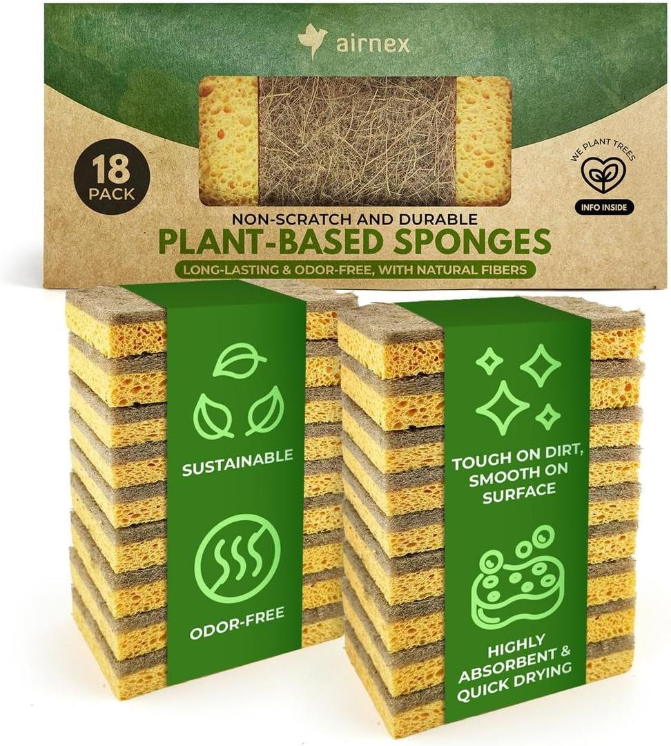Natural Kitchen Sponges Pack of 18 - Biodegradable Cellulose and Coconut Husk Walnut Scrubbers - Odor Free Non Scratch - Eco Friendly Quick Drying Dishwashing Sponges