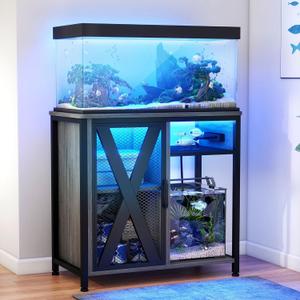 DWVO 29 Gallon Aquarium Stand with Power Outlets & LED Light, Cabinet for Fish Tank Accessories Storage - Metal Fish Tank Stand Suitable for Turtle Tank, Reptile Terrarium, 350LBS Capacity, Grey