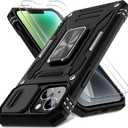 DEERLAMN Case for iPhone 13/iPhone 14 6.1-Inch with Slide Camera Cover+Screen Protector(2 Packs),Rotated Ring Kickstand Military Grade Shockproof Protective Cover-Black