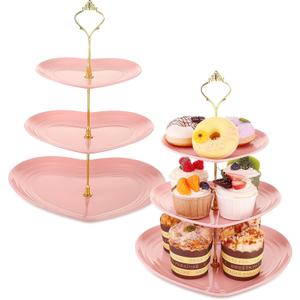 Layhit 2 Pack Easter 3 Tier Cupcake Stand Heart Shaped 3 Tiered Serving Trays for Party Plastic Tray Dessert Cupcake Stand for Tea Party Baby Shower Wedding (Pink)