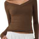 MIHOLL Womens Long Sleeve Off The Shoulder Tops Y2K Going Out Slim Fit Crop V Neck Shirts Fall Fashion Clothes Outfits