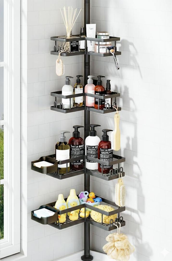 YASONIC Corner Shower Caddy Tension Pole, 25.7-109.1in Adjustable Shower Shelves, Rust-Resistant Shower Organizer, No-Drill 3-Step Installation, Bathroom Shelves for Renters & Family, Black