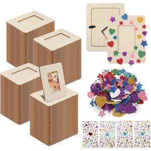 100 Pcs Wooden Picture Frames for Crafts, 2 x 3inch DIY Wood Photo Frame Bulk with Diamond and Foam Stickers for DIY Crafts, Small Unfinished Standing Photo Frame for Home Party Wedding Decor