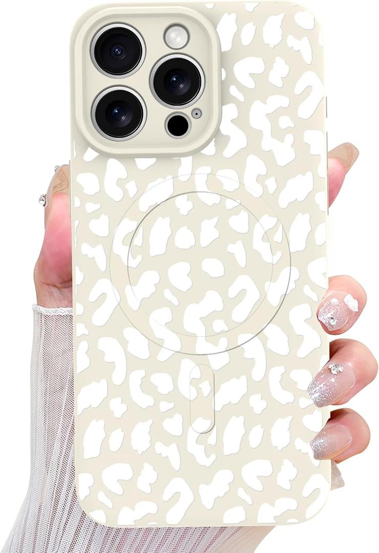 OOK Magnetic for iPhone 16 Pro Max Case, Silicone White Leopard Cute Pattern, Compatible with MagSafe Cheetah Print Camera Protection Shockproof Slim Phone Case for 6.9inch, White