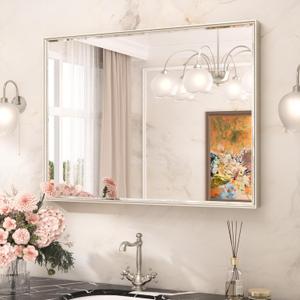 TETOTE Brushed Nickel Bathroom Mirror 40 x 30 Inch Beveled Frame Vanity Mirror, Tempered Glass, Shatterproof, for Modern Bedroom, Entryway, Living Room