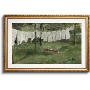 VIYYIEA Gold Framed Large Wall Art Canvas Print Home Decor Vintage Laundry Room Art Print Antique Oil Painting Country Landscape Wall Decor Farmhouse Pictures for Living Room Bedroom Gallery 24x36in (Drying White Clothes)
