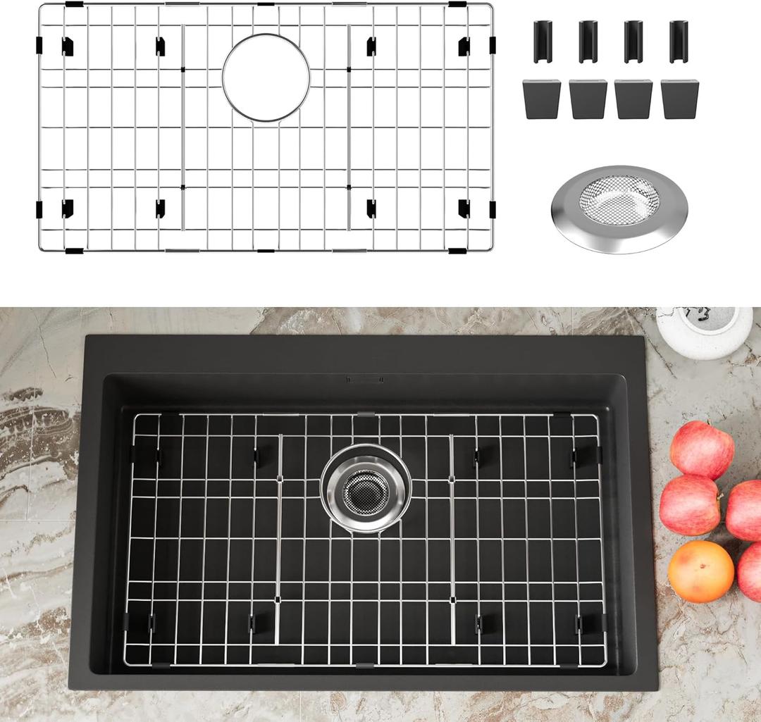 Stainless Steel Sink Protector 26-1/8" x 14-1/8" with Rear Drain, Metal Sink Rack for Bottom of Sink, Kitchen Sink Grate and Sink Protectors with Sink Strainer (26-1/8" x 14-1/8" - Rear Drain)