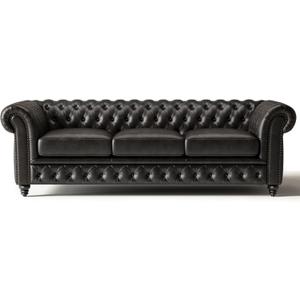 Valencia Parma 92" Leather Chesterfield Sofa | Full-Aniline 3 Seats Italian Leather Couch | Artisan Crafted Nailheads | Mid Century Classic Design - Leather Sofa, Black