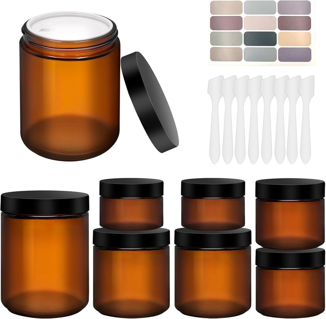 8oz, 4oz, 2oz and 1oz Amber Glass Jars with Lids, 8-Pcs Amber Jars with Inner Liners, Round Dark Jars for Making Candle, Cosmetice Container, Lotion Jar, with Sticker and 8p Spatulas