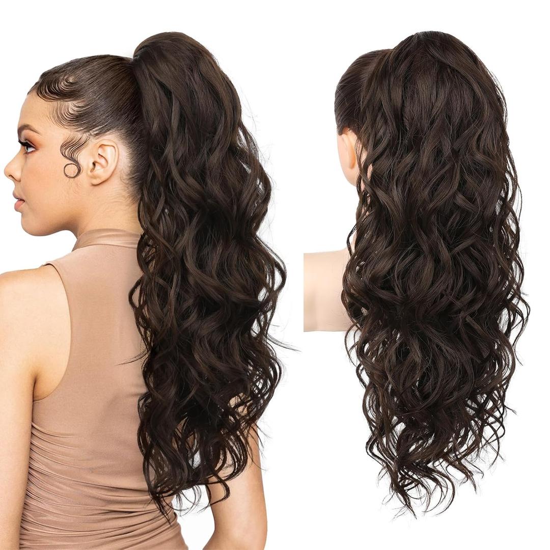 REECHO Ponytail Extension, 24" Claw Clip Ponytail Extension Wavy Ponytails Hair Extensions Jaw Clip on Pony Tails Natural Synthetic Hairpiece for Women Daily, Dark Chocolate Brown