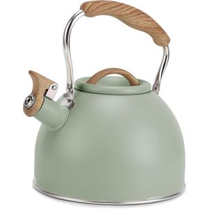 Tea Kettle, Vegoran 100 OZ / 3 Liter Whistling Tea Kettle, Tea Pots for Stove Top Food Grade Stainless Steel with Wood Pattern Folding Handle, Loud Whistle Kettle for Tea, Coffee, Milk (Green)