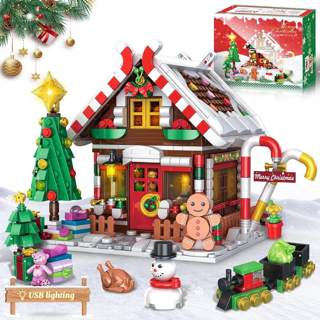 Christmas Gingerbread House Building Block for Girls Age 12+ with LED Lights, Christmas Village House Blocks Set with Christmas Tree and Train, Perfect Xmas Holiday for Adults, 1288Pcs (Red)