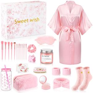 Shyyween 15 Pcs Birthday Gifts for Women Robe Sets for Women Spa Basket Set Graduation Gifts Bath Robe Make up Brushes Scented Candle Fluffy Socks Coffee Cup for Mom Nurse Girlfriend Wife(Pink)