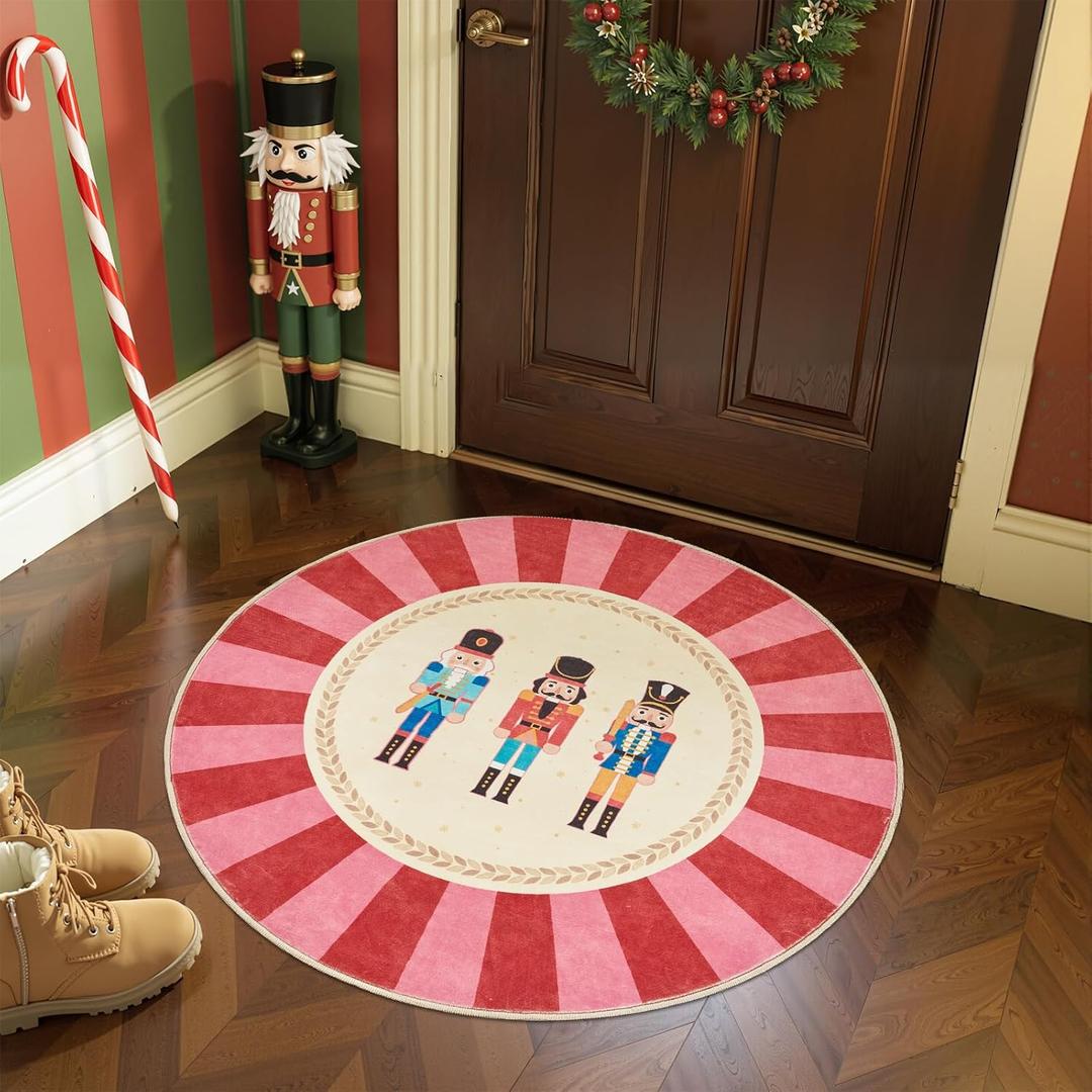 jinchan Round Christmas Rug 4ft for Entryway Nutcracker Washable Circle Christmas Bedroom Rug 4' Round Red Pink Xmas Non-Slip Soft Carpet Soldier Holiday Decor for Kitchen Living Room Porch