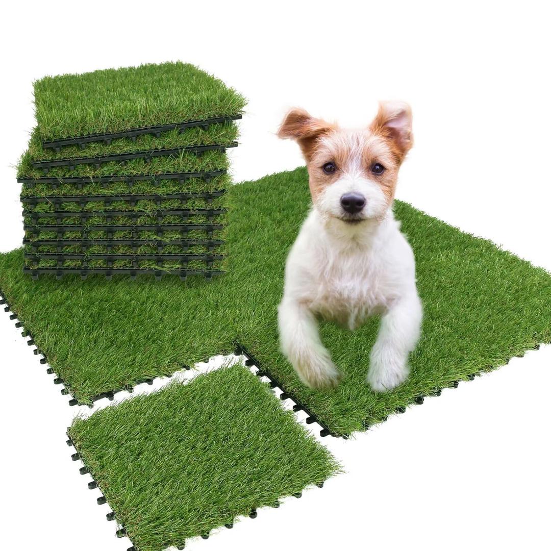 XLX TURF Interlocking Fake Grass Pad for Dogs Potty Tiles - 9 Pack 12" X 12" Square Artificial Grass Pee Mat for Puppy Tray Self Draining Indoor Outdoor Use