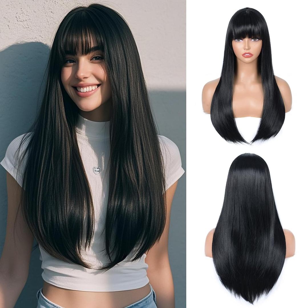 Black Wig with Bangs for Women  Long Straight Heat Resistant Synthetic Wig for Daily Use, Party, Halloween, Cosplay  24 Inch Black Wig for Girls