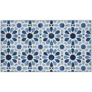 Blue Floral Moroccan Tile Door Mats Outdoor Entrance, Modern Blue and White Welcome Bath Mats for Front Door, 17x30 Inches