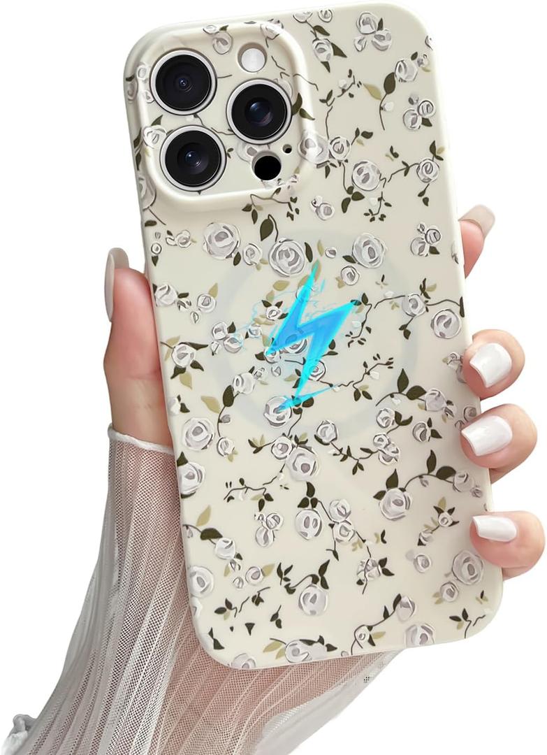 Skyseaco for iPhone 16 Pro Max Case Magnetic Compatible with MagSafe Cute Flower Phone Case Soft TPU Shockproof Phone Cover Full Camera Protection for Women Girls - White